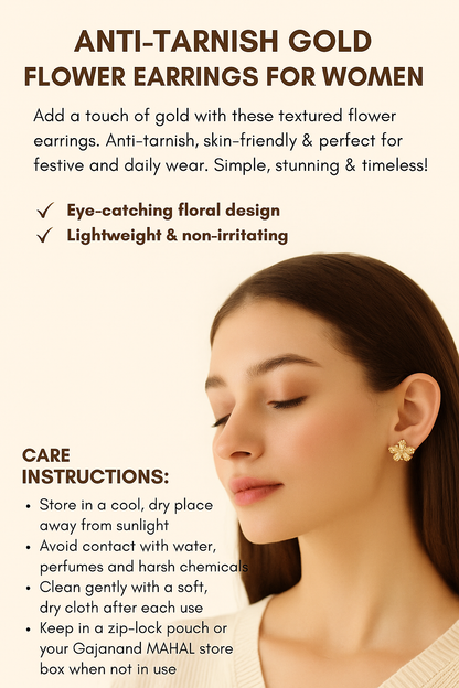 Advertisement for anti-tarnish gold flower earrings with a model wearing the earrings.