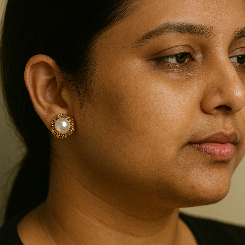 Close-up of a woman wearing pearl earrings with a neutral background