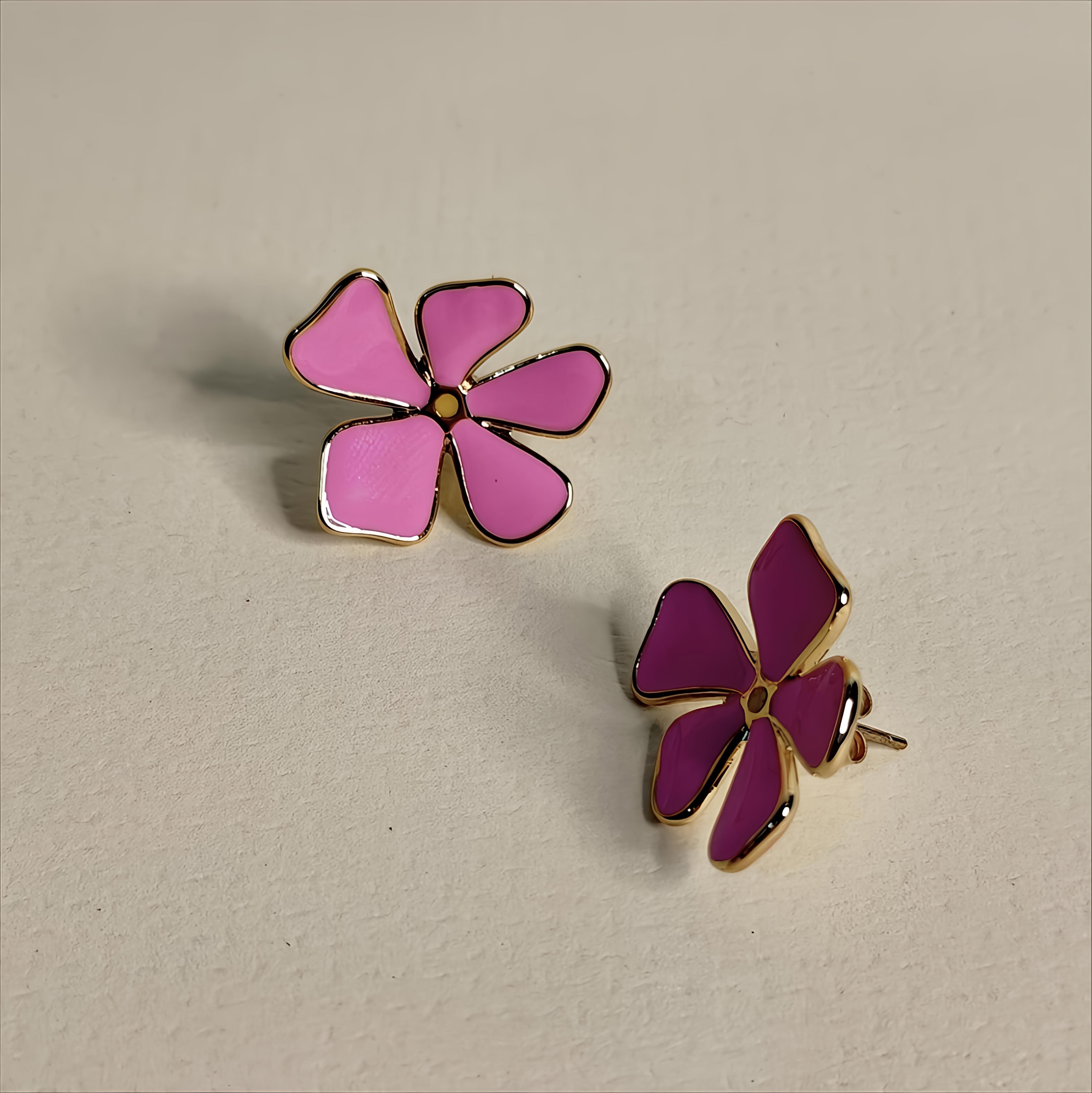 Enamel Flower Stud Women Earrings – Pink & Brown | Gajananda Fashion